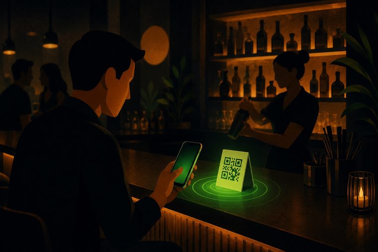 A guest at a bar counter scans a QR code on a table card with their phone while a bartender mixes a drink in front of warmly lit bottle shelves