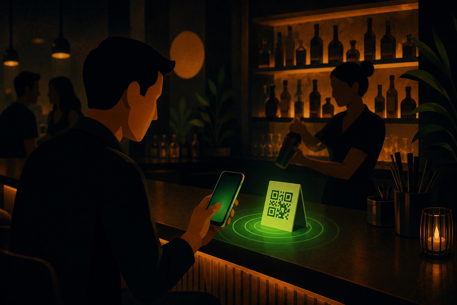 Guest at the bar scanning a QR-code stand, the bartender in the background – Juqed Gold in continuous operation.