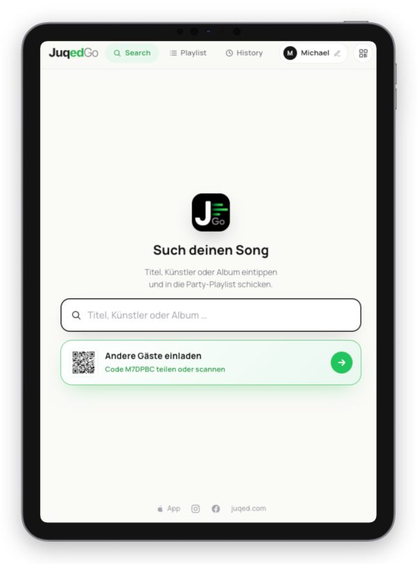 Juqed Go Gästeseite mit großem, zentriertem Suchfeld auf einem Smartphone