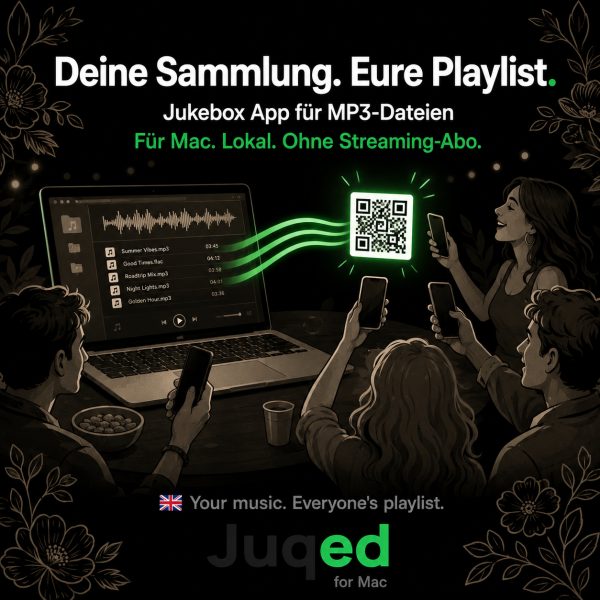 Juqed für Mac auf einem MacBook mit lokaler MP3-Sammlung und Song-Voting im Browser