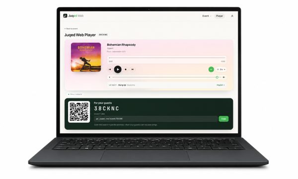 Juqed Web in the browser on three devices side by side: two laptops showing the jukebox and a smartphone showing the guest view