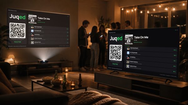 Fernseher im Wohnzimmer zeigt die Juqed-Go-Leinwand mit QR-Code, laufendem Song und den nächsten Wünschen, im Hintergrund dieselbe Ansicht als Beamerprojektion an der Wand