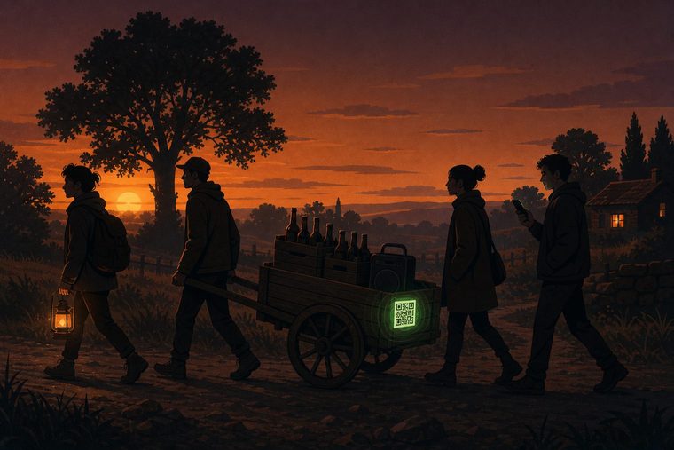 Four people pull a handcart along a country path at sunset; crates of bottles and a portable speaker ride on the cart, a QR code glows on its side panel, one carries a lantern and another looks at a phone