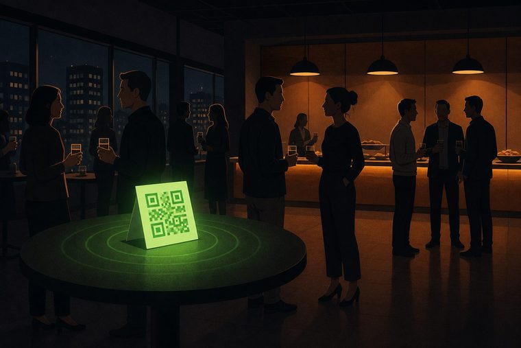 A company party in an office event space at night; a QR code card stands on a round table in the foreground while colleagues talk with drinks, a warmly lit buffet counter on the right and the city skyline through the windows