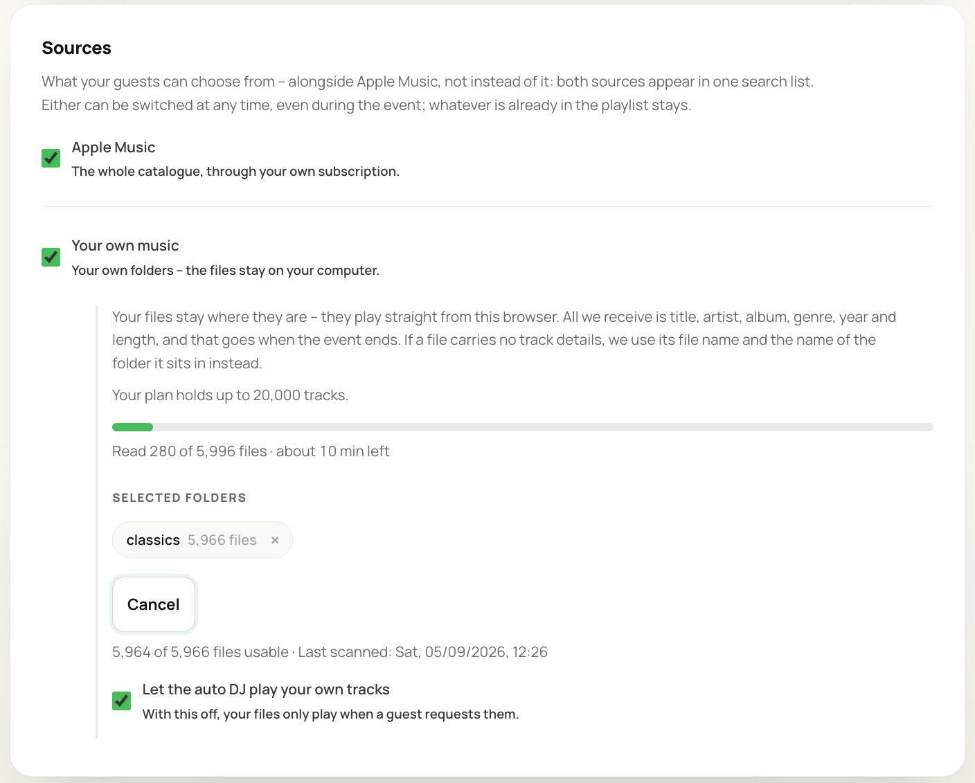 The Sources section in Juqed Web while scanning: a progress bar with “Read 280 of 5,996 files, about 10 min left” underneath, the chosen folder “classics” and a button to cancel