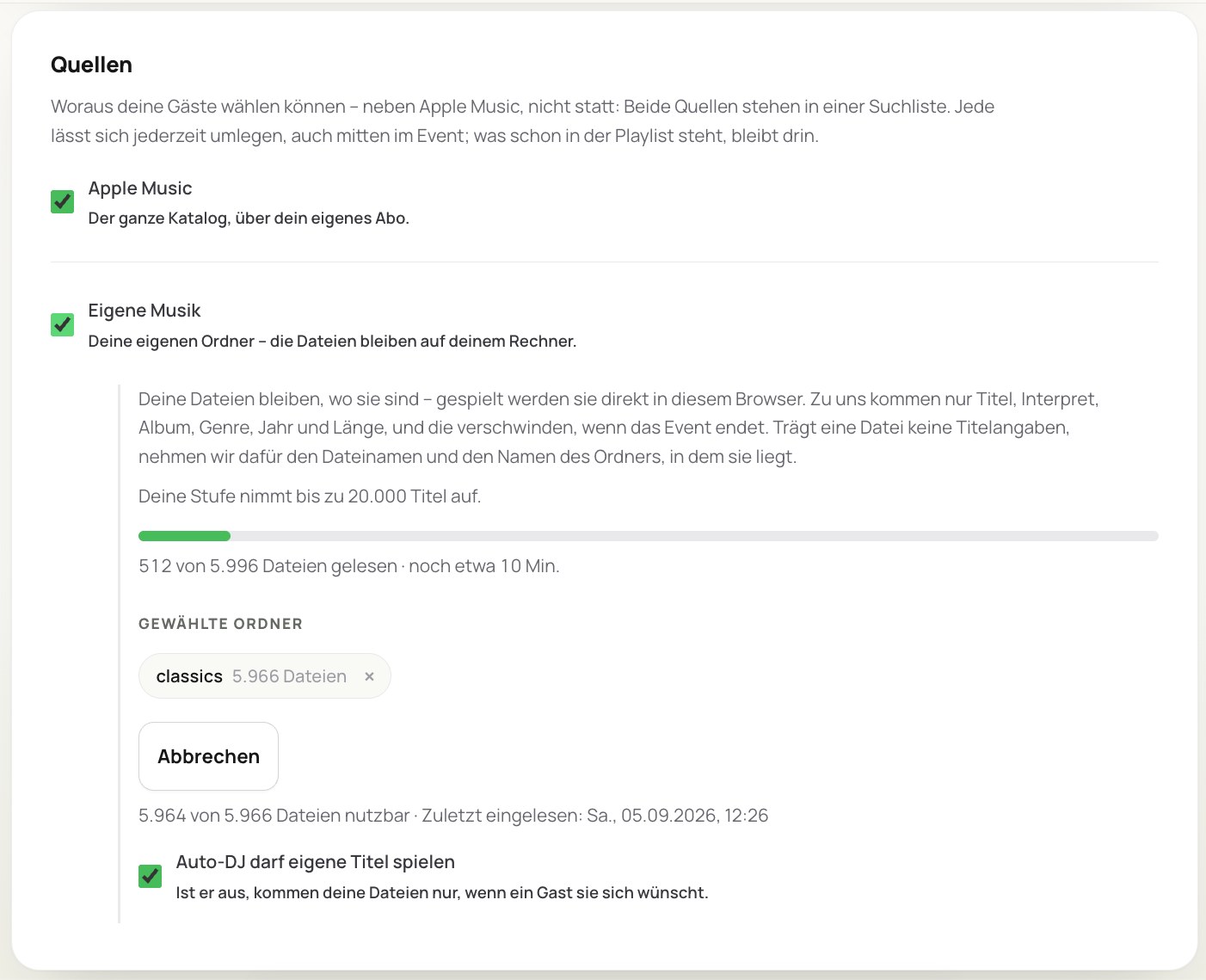 Der Abschnitt Quellen in Juqed Web während des Einlesens: ein Fortschrittsbalken, darunter „512 von 5.996 Dateien gelesen, noch etwa 10 Minuten“, der gewählte Ordner „classics“ und ein Knopf zum Abbrechen