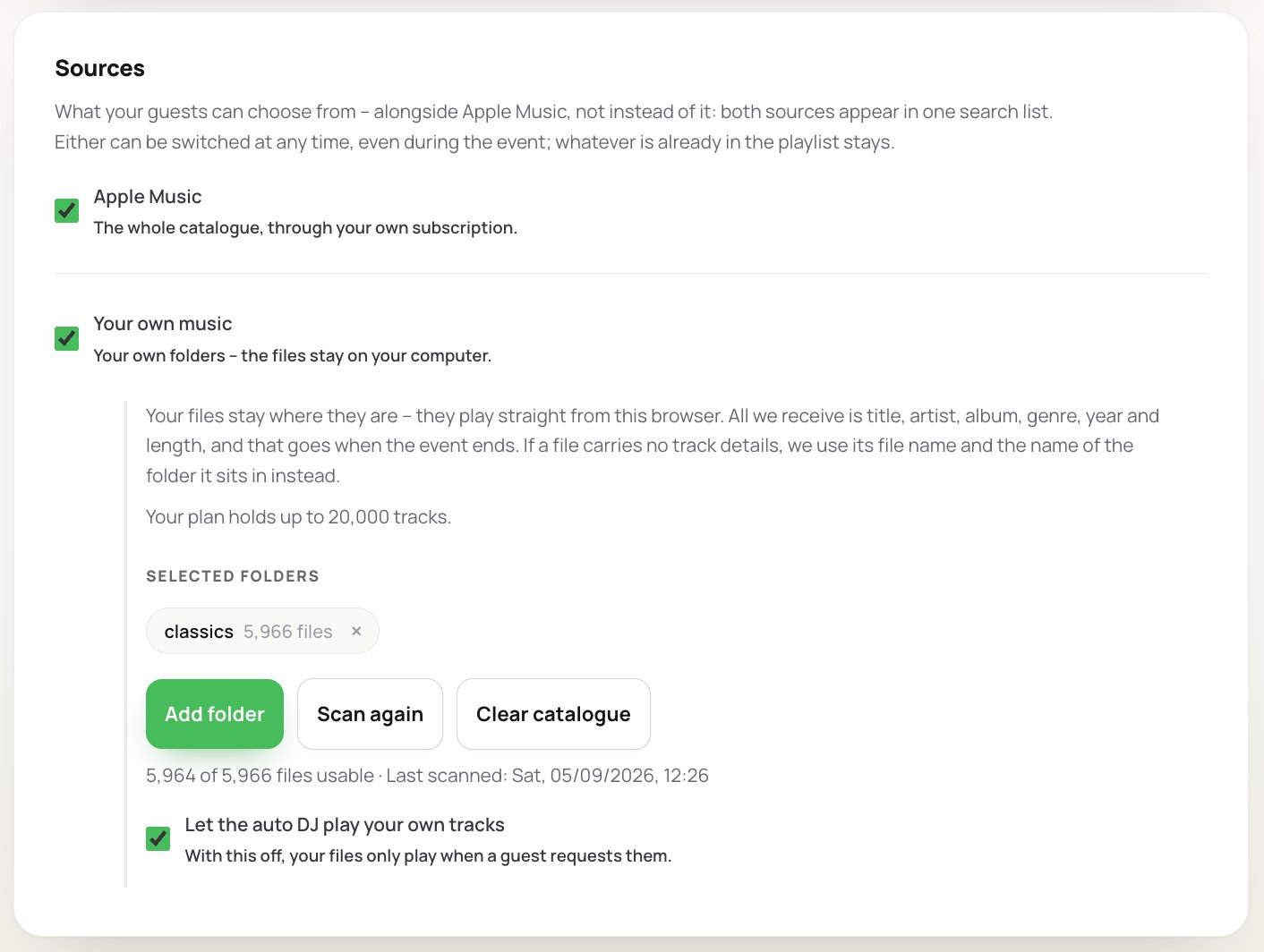 The Sources section in Juqed Web after scanning: Apple Music and Your own music are both active, the chosen folder “classics” shows 5,966 files, and buttons offer Add folder, Scan again and Clear catalogue