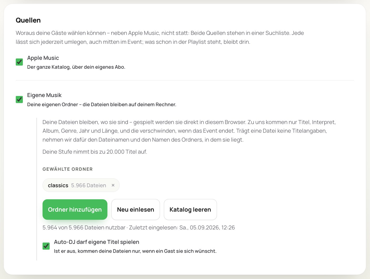 Der Abschnitt Quellen in Juqed Web nach dem Einlesen: Apple Music und Eigene Musik sind beide aktiv, der gewählte Ordner „classics“ zeigt 5.966 Dateien, daraus wurden 5.964 Titel, darunter die Knöpfe Ordner hinzufügen, Neu einlesen und Katalog leeren
