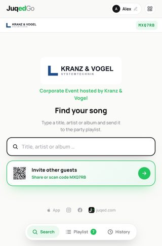 The Juqed Go guest page on a phone: the bar at the top carries the company logo and the event code, below it the same logo large, the line “Corporate event by Kranz & Vogel” and the search field for requesting a song