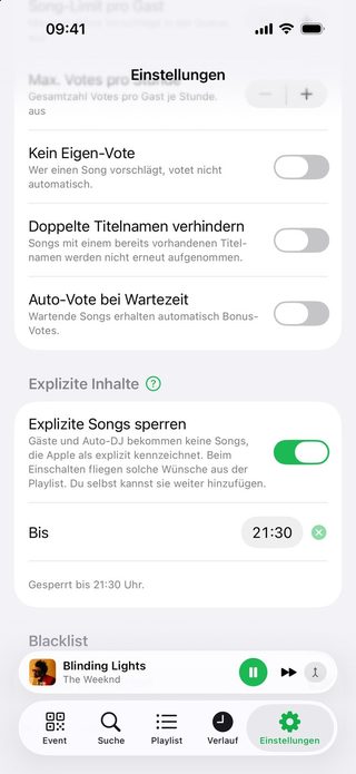 Die Einstellungen von Juqed Go auf dem iPhone: im Abschnitt „Explizite Inhalte“ ist der Schalter „Explizite Songs sperren“ an, in der Zeile „Bis“ steht 21:30, darunter „Gesperrt bis 21:30 Uhr“