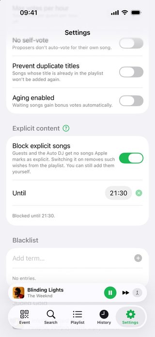 The Juqed Go settings on iPhone: in the “Explicit content” section the switch “Block explicit songs” is on, the “Until” row shows 21:30, and below it reads “Blocked until 21:30”