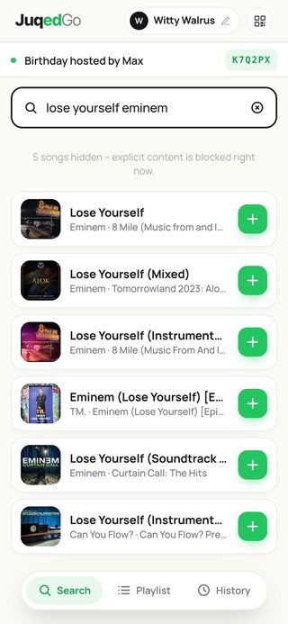 The Juqed Go guest page on a phone: a search for “lose yourself eminem”, above the results the note “5 songs hidden – explicit content is blocked right now”, below it the remaining results with artwork and a plus button