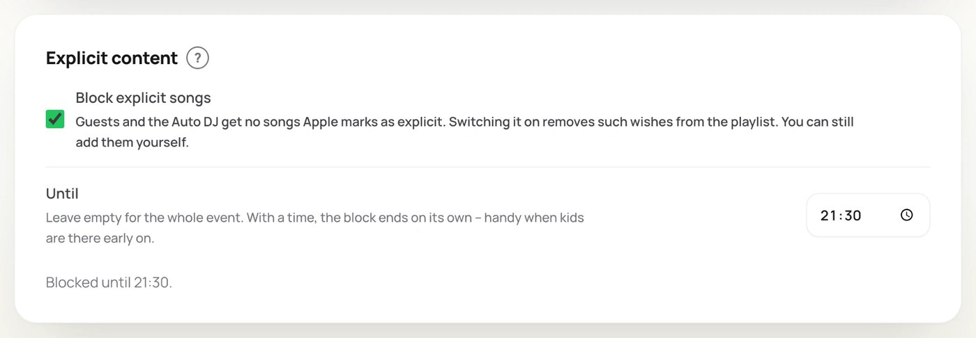 The “Explicit content” section on the event page in Juqed Web: the switch “Block explicit songs” is on, the “Until” field shows 21:30, and below it reads “Blocked until 21:30”