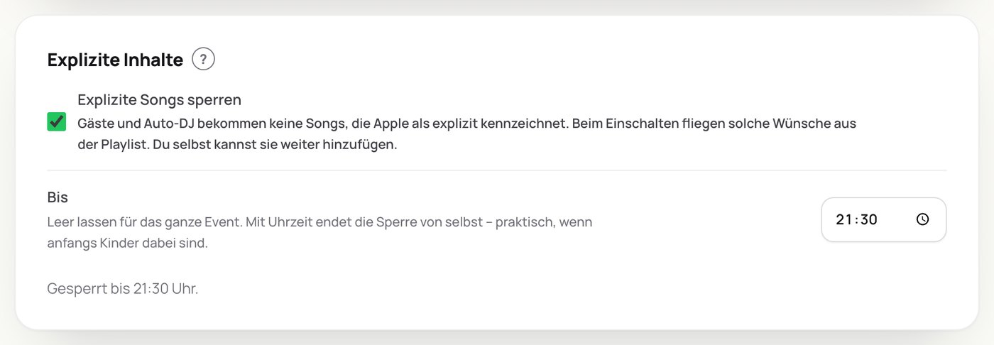 Der Abschnitt „Explizite Inhalte“ auf der Eventseite von Juqed Web: der Schalter „Explizite Songs sperren“ ist an, im Feld „Bis“ steht 21:30, darunter der Hinweis „Gesperrt bis 21:30 Uhr“