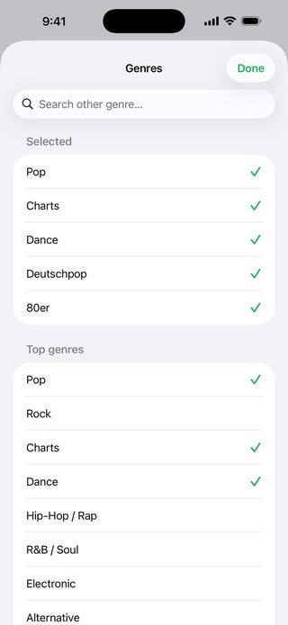 The genre picker in Juqed Go on iPhone: Pop, Charts, Dance, German Pop and 80s are ticked as sources for the Auto DJ, with the remaining genres listed below