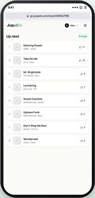 A guest phone showing the Juqed guest page in the browser at go.juqed.com with no app installed: the Up next queue with a thumbs-up button and vote count beside every song