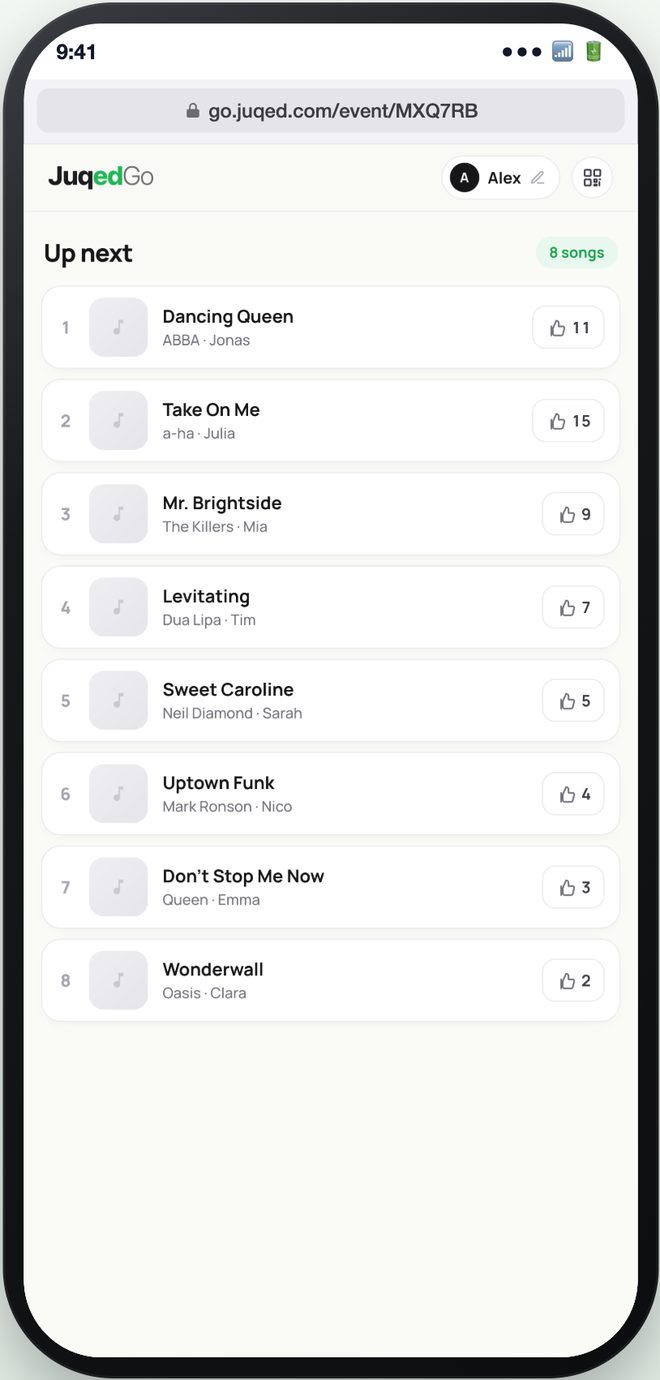 A guest phone showing the Juqed guest page in the browser at go.juqed.com with no app installed: the Up next queue with a thumbs-up button and vote count beside every song
