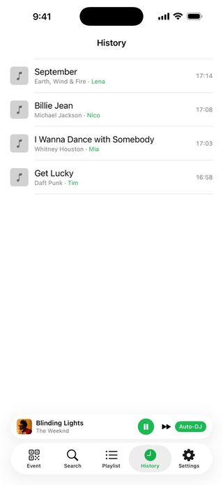 The history view in Juqed Go on iPhone: songs that played, with artist, the name of the guest who requested them and the time they ran