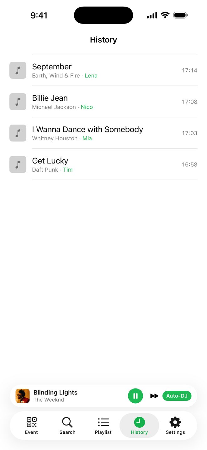 The history view in Juqed Go on iPhone: songs that played, with artist, the name of the guest who requested them and the time they ran