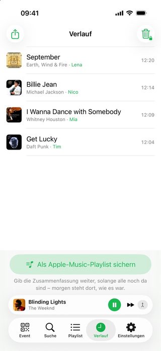 Der Verlauf in Juqed Go auf dem iPhone: gespielte Titel mit Cover, Interpret und dem Namen des Gastes, darunter der Knopf „Als Apple-Music-Playlist sichern“