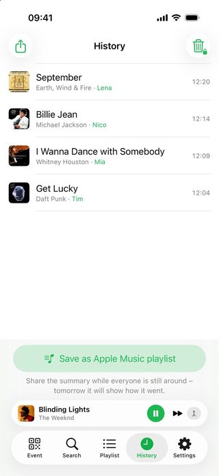 The history in Juqed Go on iPhone: songs that played with artwork, artist and the guest's name, below them the button “Save as Apple Music playlist”