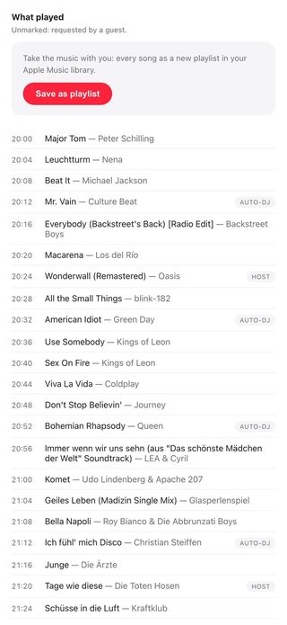 The event summary on a phone: above the song list “What played” a box saying “Take the music with you: every song as a new playlist in your Apple Music library” with the red button “Save as playlist”, below it the songs that played with their times