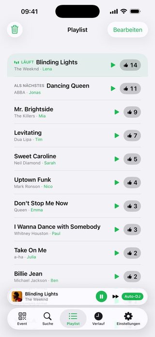 Die Juqed-Go-Playlist auf dem iPhone: der laufende Titel ist oben angeheftet, darunter stehen die gewünschten Songs mit Interpret, dem Namen des Gastes und der Zahl ihrer Stimmen, absteigend sortiert