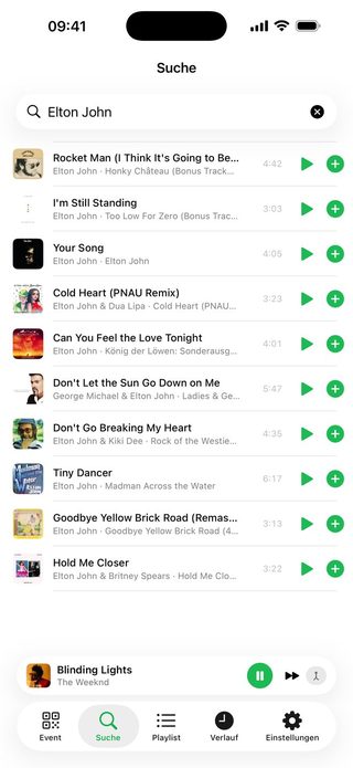Die Songsuche in Juqed Go auf dem iPhone: zur Eingabe Elton John erscheinen Treffer aus Apple Music mit Cover, Titel, Interpret und Spieldauer, jeder mit einer Schaltfläche zum Anhören und einer zum Hinzufügen