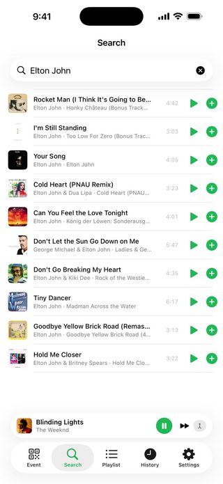 Song search in Juqed Go on iPhone: the query Elton John returns Apple Music results with cover art, title, artist and running time, each with a preview button and an add button