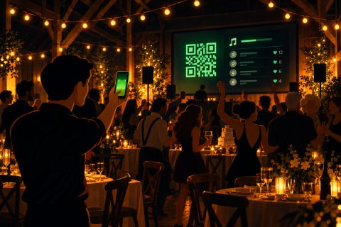 Große Geburtstagsfeier in einer Scheune bei Nacht: Gäste tanzen zwischen gedeckten Tischen, im Vordergrund hält jemand das Handy zum Scannen hoch, dahinter zeigt eine große Leinwand an der Wand einen leuchtenden grünen QR-Code, den laufenden Titel und die nächsten Musikwünsche mit ihren Stimmen