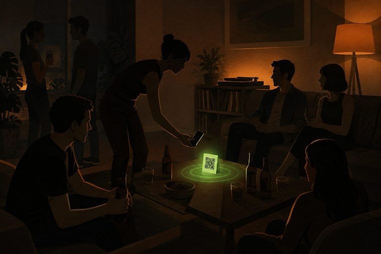 A guest leans over the coffee table at a house party and scans the QR code card standing among bottles and glasses, while friends sit on the sofa beside a record player and shelves