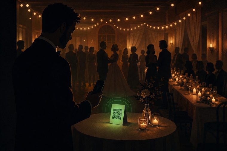 A wedding guest in a tuxedo scans a QR code card on a cocktail table, with the string-lit reception hall, the bride and the guests behind him