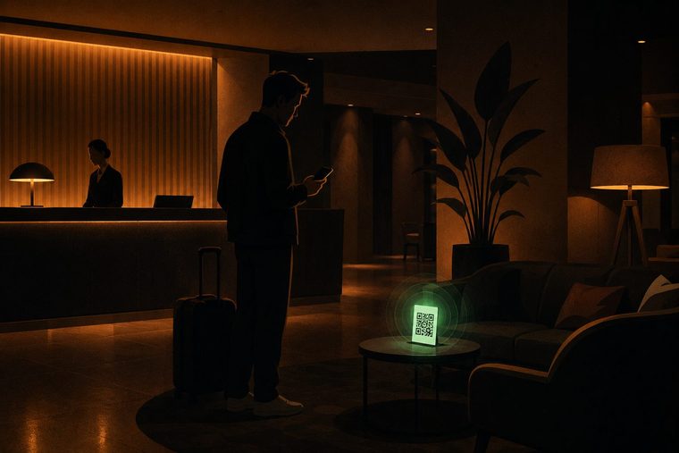 A hotel guest with a suitcase stands in the lobby holding a phone; a QR code card sits on the side table by the lounge seating, with the warmly backlit reception desk behind