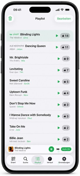 Juqed Go on an iPhone: the playlist of requested songs with their votes