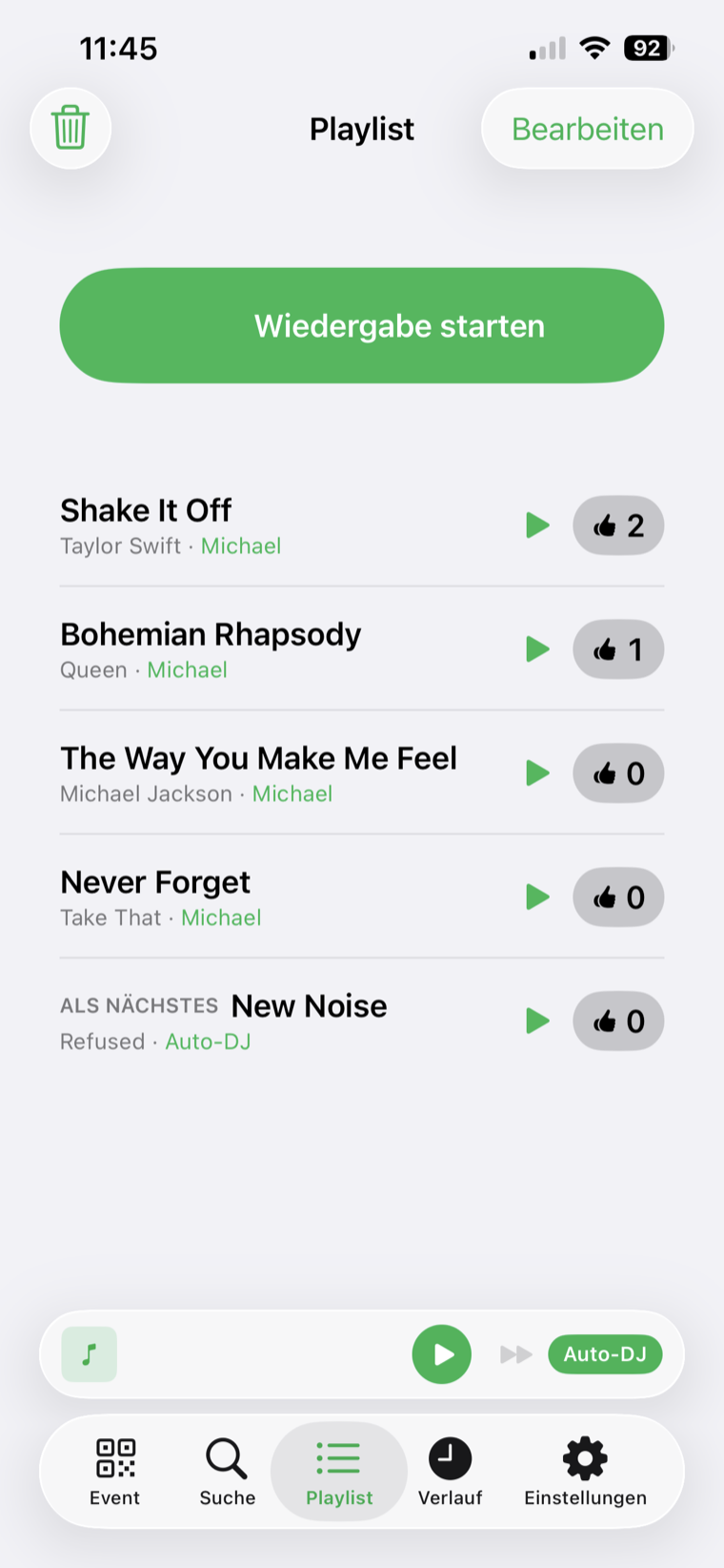 Juqed Go playlist: suggested songs with vote counts, “Up next: New Noise” and Auto-DJ