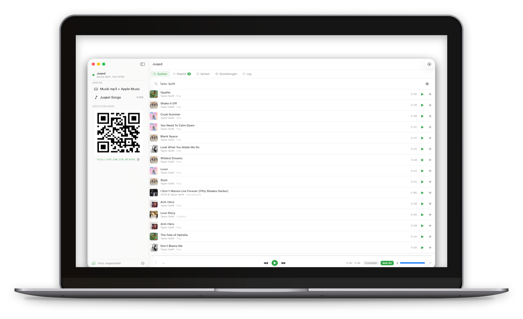 Juqed for Mac, open on a MacBook – local music library with song search and voting queue