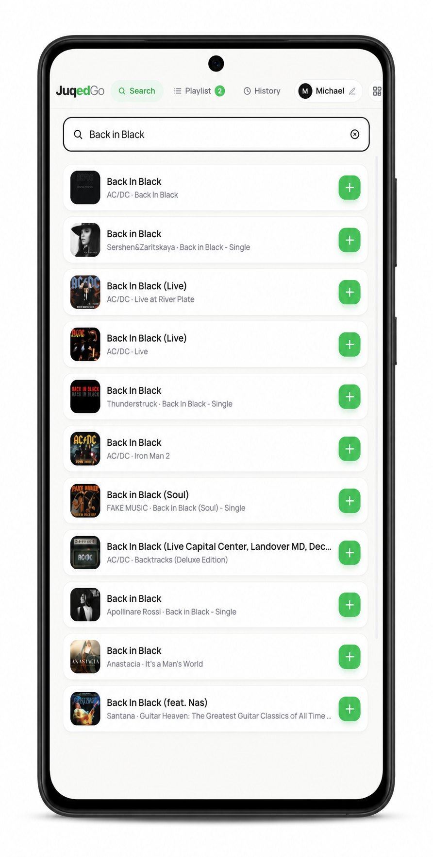 The guest view on a smartphone: searching for a song, with one tap adding any result to the playlist