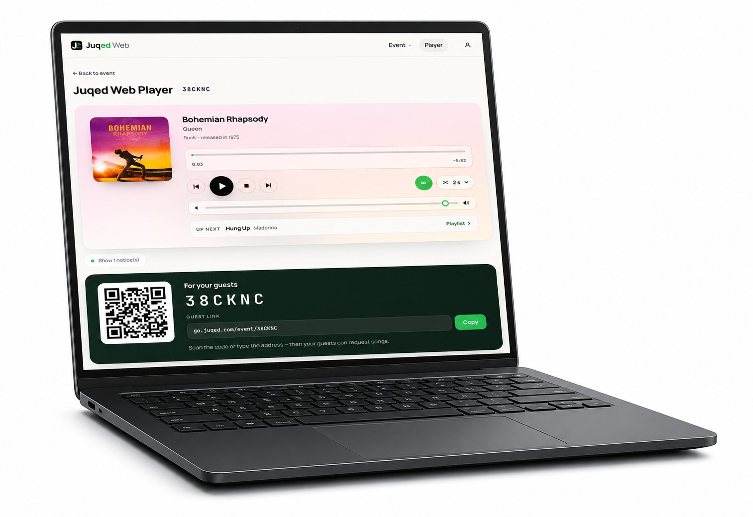 Juqed Web in the browser on a laptop: the current song and the QR code for the guests