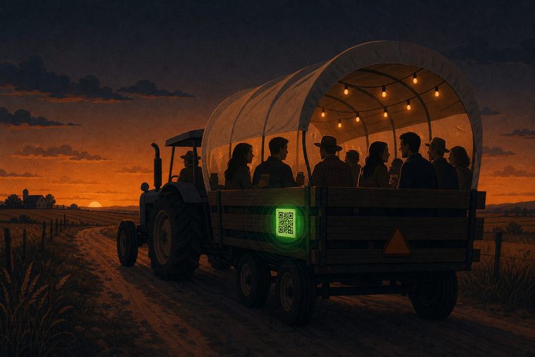 A tractor pulls a covered wagon along a dirt track at sunset; guests sit under the canvas with drinks and string lights while a QR code glows on the wooden side panel, with fields and a farmstead in the evening light