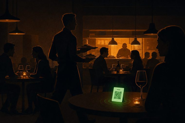 A waiter carries plates through a dining room in the evening; in the foreground a QR code card stands on a table beside a wine glass and a candle, with the warmly lit open kitchen behind