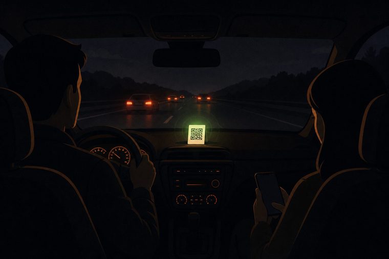 Blick von der Rücksitzbank durch die Windschutzscheibe: Der Fahrer lenkt, die Beifahrerin hält ihr Handy, auf dem Armaturenbrett steht ein QR-Code-Aufsteller, vorn die Rücklichter anderer Autos auf der nächtlichen Autobahn