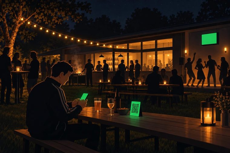 Sommerfest eines Sportvereins am Abend: Im Vordergrund sitzt ein Mitglied in Trainingsjacke an einer Biertischgarnitur und schaut auf sein Handy, daneben steht eine leuchtende QR-Karte zwischen Gläsern und einer Laterne. Dahinter Lichterketten, ein Grill, der erleuchtete Tresen im Vereinsheim, tanzende Gäste und ein Bildschirm an der Hauswand